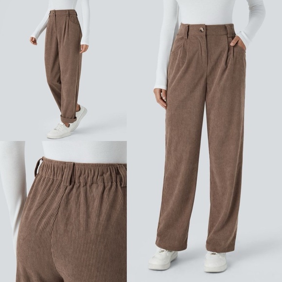 NWT Halara brown High elastic Waisted wide leg Corduroy Casual Pants size small - Picture 1 of 8